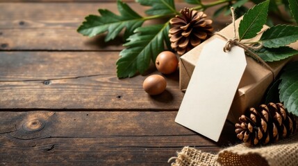 Poster - Rustic Wooden Background Featuring a Gift Wrapped in Brown Paper with a Blank Tag, Pine Cones, and Lush Greenery