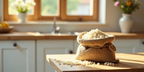 Poster - A burlap sack overflowing with small, pale grains rests on a light wood surface in a sunlit kitchen