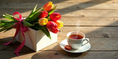 Poster - A spring morning's peaceful scene featuring a vibrant tulip bouquet in a gift box and a steaming cup of tea on a rustic wooden surface