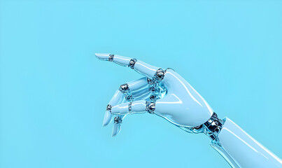 Poster - Robotic Hand Reaching Out on Vibrant Blue Background with Detail