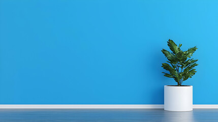 Poster - Modern Indoor Plant by Bright Blue Wall with Wooden Floor
