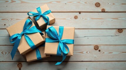 Aufkleber - A Collection of Wrapped Presents with Aqua Ribbons on a Light Wooden Surface