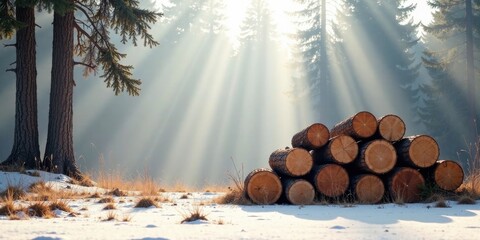 Leinwandbilder - Sunlit Winter Forest Lumber Pile A serene scene of stacked logs rests in a snowy clearing, bathed in the radiant glow of the winter sun filtering through tall evergreen trees.