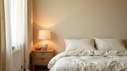 Aufkleber - Serene Bedroom Sanctuary Soft Lighting Illuminates a Cozy Bed with Crisp White Linens and a Simple Nightstand