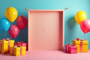 Poster - Joyful Celebration Colorful Balloons and Presents Frame a Blank Sign for Your Message