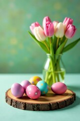 Poster - Pastel Easter eggs and tulips in a vase on a wooden slice