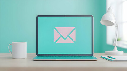 Poster - Modern Workspace with Laptop and Email Icon on Vibrant Background