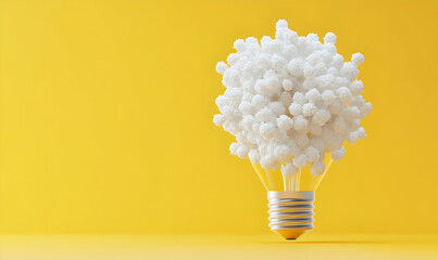 Poster - Creative Light Bulb Concept with Fluffy White Clouds on Yellow Background