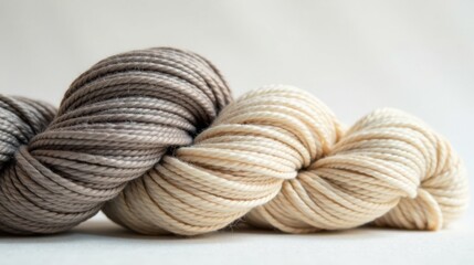 Poster - Close-up view of two skeins of yarn in soft, neutral tones, showcasing their texture and subtle color variations
