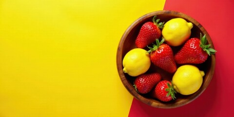 Poster - Fresh Strawberries and Lemons in a Wooden Bowl on a Vibrant Yellow and Red Background