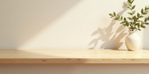 Poster - Light wooden shelf with minimalist decor and plant shadow