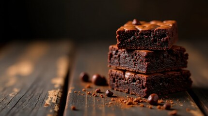 Poster - A delectable stack of three fudgy chocolate brownies, rich and decadent, resting on a rustic wooden surface, sprinkled with cocoa powder and chocolate chips