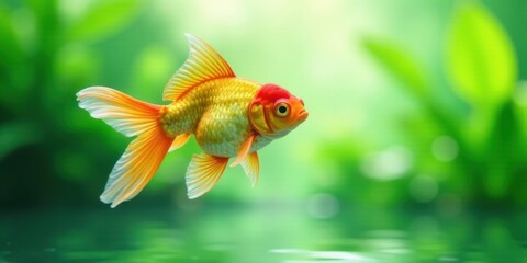 Poster - A vibrant goldfish swims gracefully through a serene aquatic landscape, its scales shimmering with golden hues against a backdrop of lush greenery.
