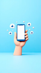 Poster - 3d cartoon hand holds a smartphone with thumbs up feedback symbols