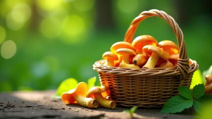 Aufkleber - Golden chanterelles in a wicker basket, nestled amongst verdant foliage, bathed in sunlight