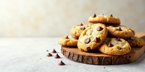 Poster - A delectable stack of freshly baked chocolate chip cookies rests on a rustic wooden board, accompanied by scattered chocolate chips.