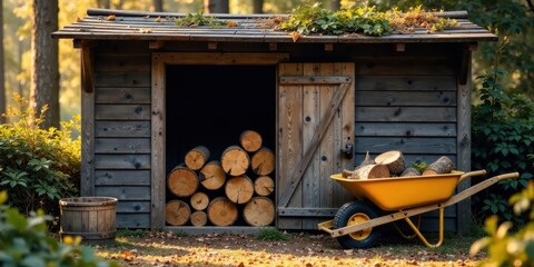 Poster - Rustic wooden shed with firewood stored inside and a yellow wheelbarrow nearby in a natural woodland setting