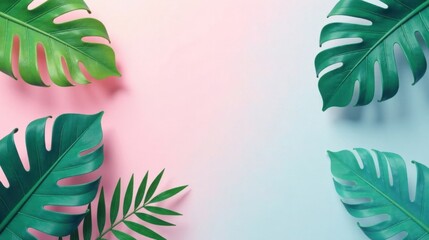 Aufkleber - Tropical Leaf Arrangement on Pastel Background Featuring Soft Pink and Blue Hues