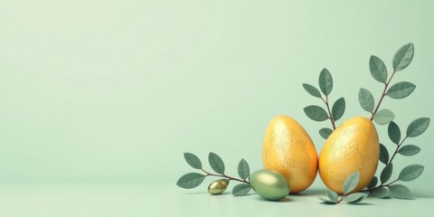 Poster - Elegant pastel yellow Easter eggs with ornate design and sprigs of greenery on a pale green background.