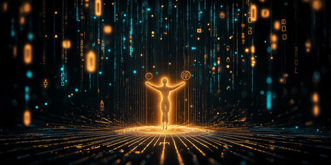 Fototapete - A mesmerizing digital matrix unfolds in a dark space, featuring luminous falling symbols and holographic effects. An ethereal figure radiates light while interacting with the vibrant data stream