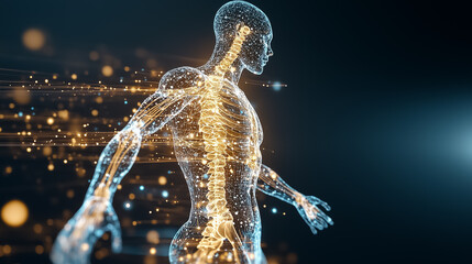 Poster - Presenting a stunning hologram that showcases the intricate details of the human body, revealing its inner workings in a captivating, high-tech environment