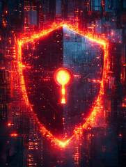 Poster - A striking digital shield symbolizing cybersecurity, glowing with intricate electronic patterns, representing a fusion of technology, protection, and modern innovation.