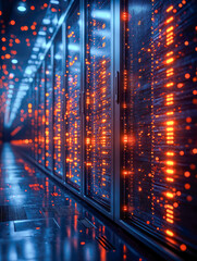 Poster - A captivating view of a futuristic server room filled with illuminated cabinets displaying an array of lights, symbolizing the heart of modern data management and technology advancements.