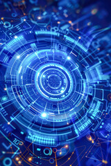 Poster - A captivating circular design illuminated with bright blue and white lights, representing advanced technology, innovation, and the interconnectedness of digital systems.