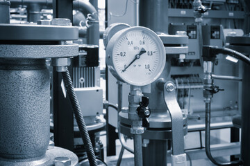 Aufkleber - Boiler room gas pressure meter. Industrial  concept. equipment of the boiler-house, - valves, tubes, pressure gauges manometer