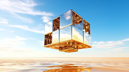 Poster - Suspended in an endless void, a colossal cube composed of countless smaller cubes captures light, creating a stunning display of reflections and depth while evoking wonder and curiosity