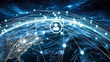 Poster - Global Network Connection: Visual representation of a global network of interconnected digital users or devices, illustrated over a vibrant depiction of the Earth's globe in outer space.