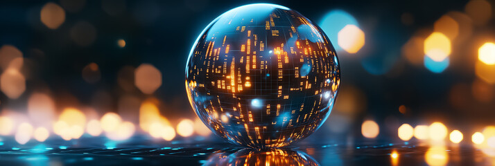 Fototapete - A spherical structure showcases a dynamic display of colorful patterns that continuously change and shift. This captivating visualization reflects the interplay of data in a futuristic environment