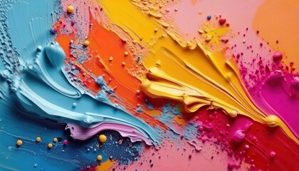 Poster - vibrant abstract acrylic paint strokes in blue, pink, orange, and yellow with textured details and dynamic movement for design

