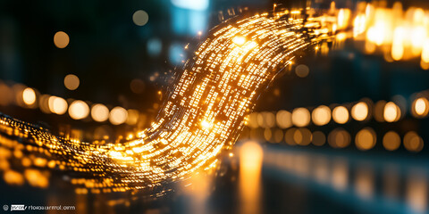 Fototapete - A mesmerizing cascade of glowing symbols falls through a vibrant digital matrix, creating a breathtaking holographic ambiance that captivates the viewer