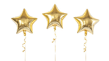 Poster - Three golden star-shaped balloons, realistic style, on white background. Concept of celebration. Ai generative
