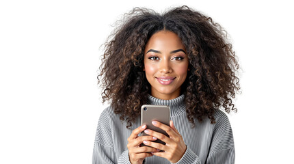 Poster - Woman holding smartphone, photo, white background, concept of technology. Ai generative