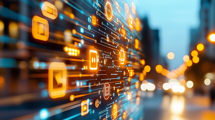 Fototapete - Illuminated symbols cascade through a vibrant digital matrix, casting enchanting reflections. The city backdrop merges with technology, creating a mesmerizing atmosphere at dusk