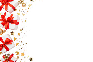 Aufkleber - White gift boxes with red ribbons and gold stars on white background. Graphic style. Concept of celebration. Ai generative