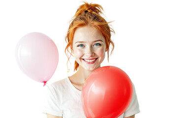 Poster - Girl holding pink and red balloons, photo style, white background, concept of celebration. Ai generative
