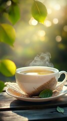Aufkleber - A steaming cup of herbal tea rests elegantly on a rustic wooden table, enveloped by fresh green leaves and illuminated by warm morning sunlight, creating a serene atmosphere