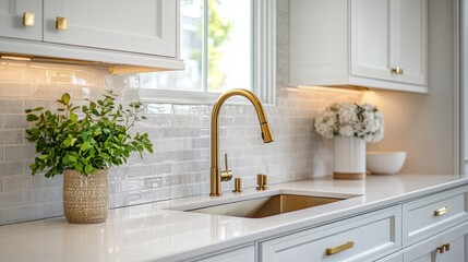 Poster - A beautifully designed kitchen showcases sleek gold faucet fixtures paired with a pristine white countertop. Lush greenery complements the elegant decor, bringing life to the space