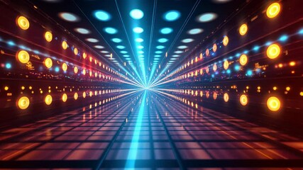 Poster - Neon Corridor: An endless neon-lit corridor with dynamic lighting, leading towards a point of perspective with a vibrant blue and red color palette creating a futuristic atmosphere.