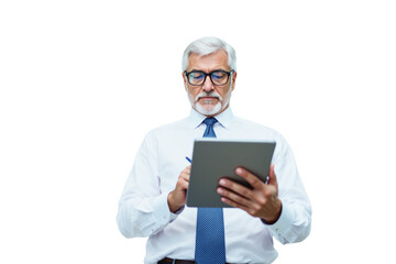 Poster - Businessman holding tablet with pen, photo style, white background, concept of technology. Ai generative