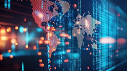 Fototapete - Business technology integration with a futuristic world map displaying AI trade insights.