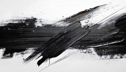 Poster - dynamic black brushstroke abstraction with textured splashes on white background, modern minimalist art for decor, digital painting aesthetic
