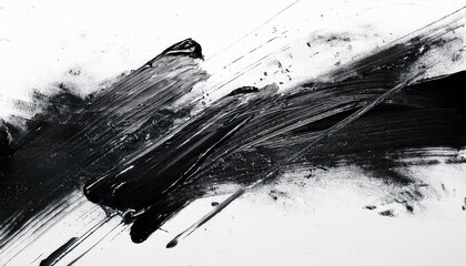 Poster - dynamic black brushstroke abstraction with textured splashes on white background, modern minimalist art for decor, digital painting aesthetic