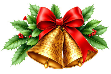 Poster - Golden bells with red ribbon and holly leaves on white background. Festive holiday concept. Ai generative