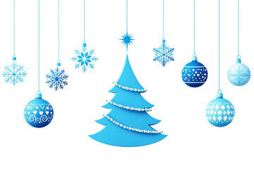 Poster - Blue Christmas tree and ornaments with snowflakes on white background. Graphic style. Concept of holiday celebration. Ai generative