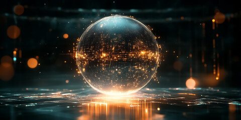 Fototapete - A spherical data matrix bursts with colorful patterns, shifting fluidly in a digital environment. The enchanting glow adds depth and energy to the immersive visual experience