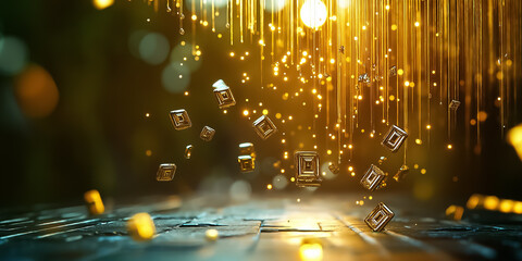 Poster - A captivating digital landscape unfurls as symbols descend like shimmering raindrops, surrounded by a dazzling holographic glow that creates an enchanting atmosphere